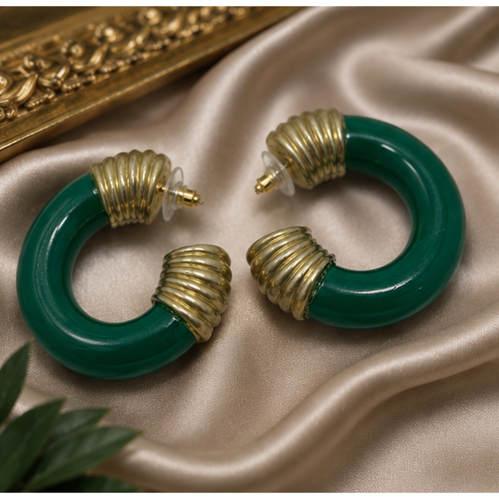 Vintage 1980's Green & Gold Acrylic Chunky Oversized Hoop Earrings Pierced 2"